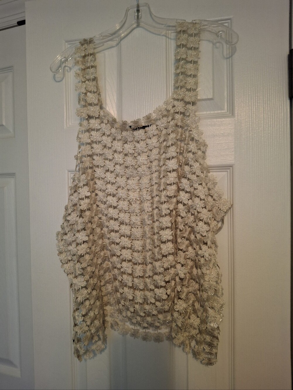 Crochet Floral Tank Top in Cream With Gold Thread
